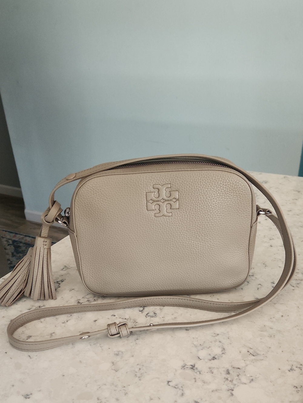 Tory Burch Pebbled Leather Camera Bag in Taupe